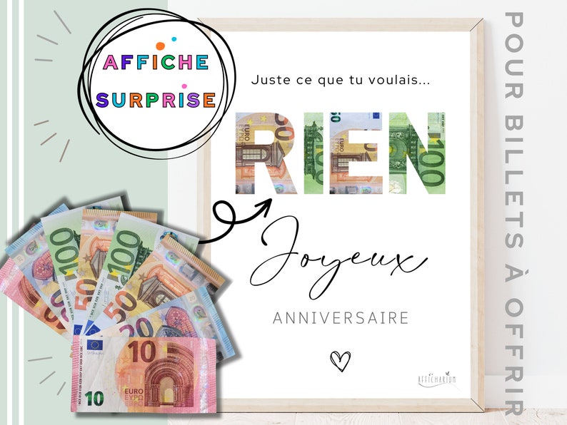 Cadeau anniversaire RIEN, cadeau drole marrant anniversaire, affiche surprise pour billets à offrir, téléchargement immédiat À IMPRIMER image 2