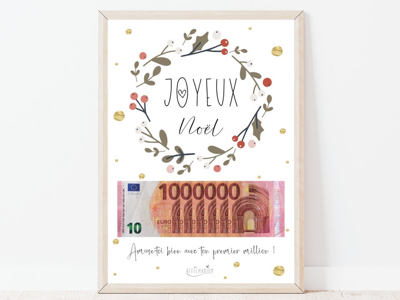 Cadeau de Noël argent, ton premier million, affiche message surprise pour billets à offrir, téléchargement immédiat À IMPRIMER image 1