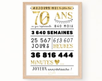 Affiche 70 ans anniversaire, blanc et or, poster anniversaire, carte anniversaire, décoration fête anniversaire, cadeau de dernière minute
