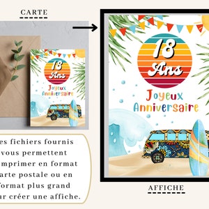 THÈME SURF Carte anniversaire 18 ans surf homme / femme, affiche 18ème anniversaire, déco 18 ans, téléchargement immédiat À IMPRIMER image 4