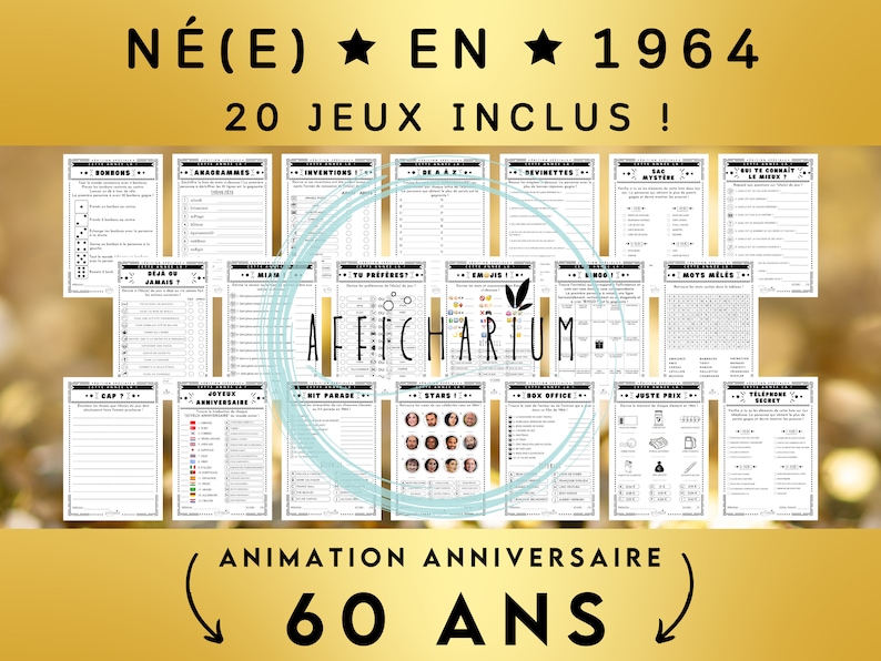 Année 1964 20 jeux d'anniversaire à imprimer, lot de jeux d'anniversaire 60 ans à imprimer réponses incluses Téléchargement immédiat image 1