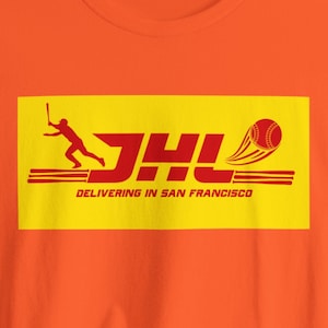 May include: Orange t-shirt with a yellow and red graphic of a person running with a ball and the text "DHL DELIVERING IN SAN FRANCISCO"