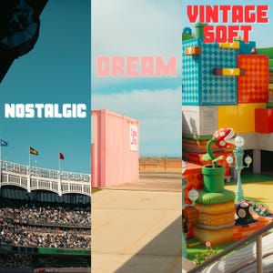 May include: A collage of three images. The first image shows a baseball stadium with a crowd of people. The second image shows a pink shipping container on a beach. The third image shows a colorful, cartoon-like structure with a green plant and the text "Vintage Soft" in red letters.