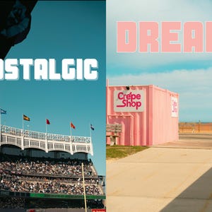 May include: A split image with the word "NOSTALGIC" in white letters on a blue background on the left side and the word "DREAM" in pink letters on a light blue background on the right side. The left side shows a baseball stadium with a crowd of people in the stands. The right side shows a pink building with the words "Crêpe Shop" in white letters on a pink sign.