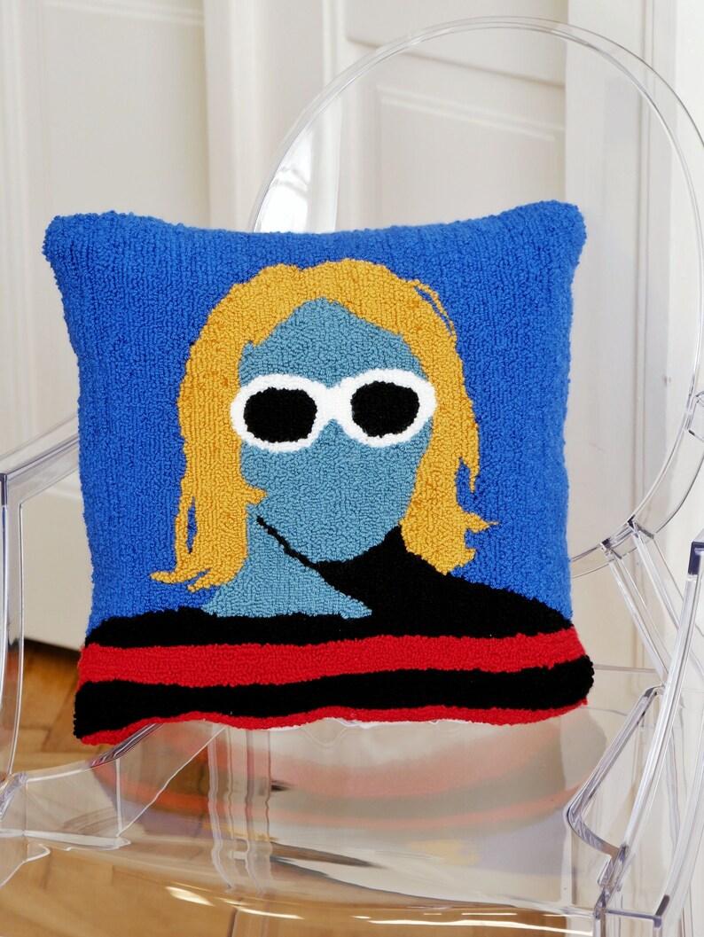 Kurt Cobain Pillow Case 40x40, Loop Pile Tufted, Hand Tufted Pillow Cover image 1