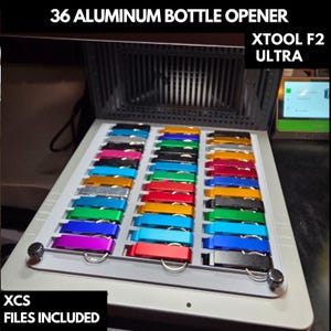May include: A selection of 36 aluminium bottle openers in a range of colours, such as black, pink, blue, and red. The image includes the text "36 ALUMINIUM BOTTLE OPENER", "XTOOL F2 ULTRA", and "XCS FILES INCLUDED".
