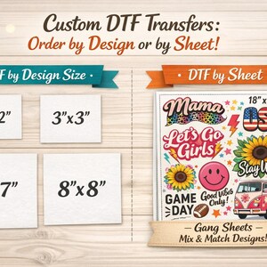 Könnte beinhalten: Das Bild zeigt kundenspezifische DTF-Transfers, erhältlich nach Designgröße oder als Bogen. Es enthält Größenbeispiele: 5 cm x 5 cm, 7.6 cm x 7.6 cm, 17.8 cm x 17.8 cm und 20.3 cm x 20.3 cm. Ein Bogenbeispiel ist 45.7 cm x 61 cm groß.