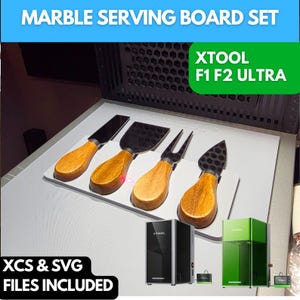 May include: A marble serving board set with four cheese knives. The knives have wooden handles and black blades. The image also includes the text "XTOOL F1 F2 ULTRA" and "XCS & SVG FILES INCLUDED".