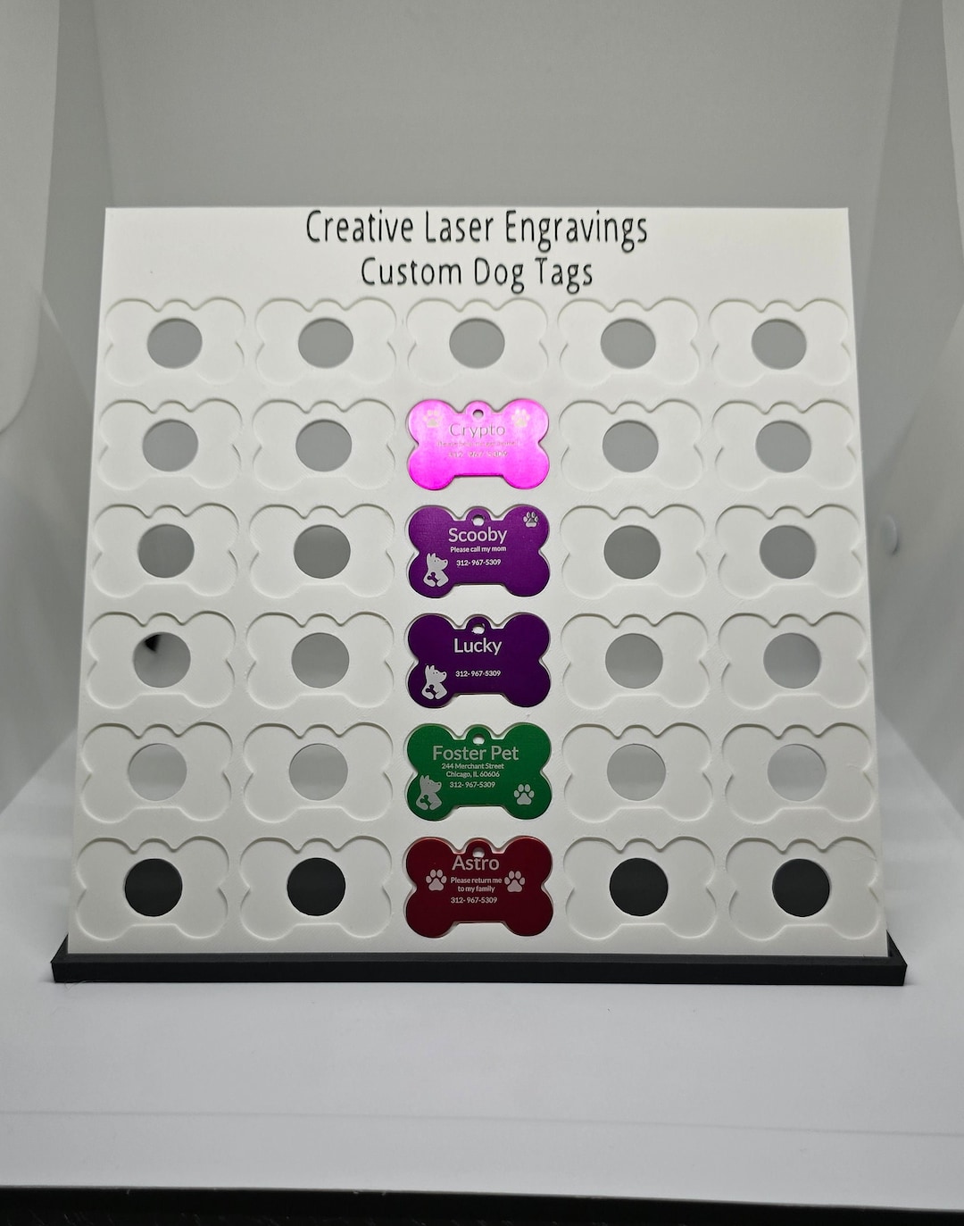 Bone Dog Tag Display Stand 30 Slot Laser Engraved Pet Tag Holder 8.26x8