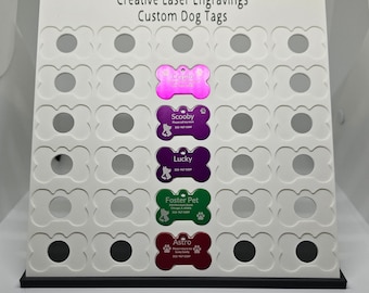 Bone Dog Tag Display Stand - 30 Slot Laser Engraved Pet Tag Holder | 8.26x8.26 Inches | Perfect for Pop-Up Stores & Events