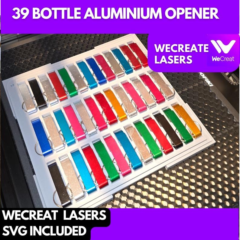May include: A white tray with 39 bottle openers in various colors, including silver, red, blue, green, and black. The tray is on a black and white grid background. The text "WECREATE LASERS" is on the tray. The text "39 BOTTLE ALUMINIUM OPENER" is at the top of the image. The text "WECREATE LASERS SVG INCLUDED" is at the bottom of the image.