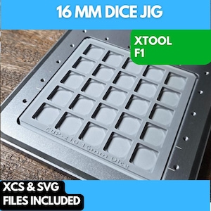 May include: A silver metal jig with a grid of 16 mm circular cutouts. The jig is labeled "EBP-210 16mm Dice" and "XTOOL F1".