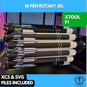May include: A close-up of a black rotary jig with 16 pens in it. The jig is labelled "XTOOL F1" and "16 PEN ROTARY JIG". The text "XCS & SVG FILES INCLUDED" is also visible.