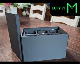 May include: A dark gray ink caddy with the text "INK CADDY" and "FOR UV PRINTERS" in green. The caddy has multiple compartments labeled with letters and a hinged lid. The image also includes a logo with the text "EUFY E1" and a green "M".
