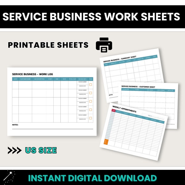 Service Business Work Sheets, US Printable Template, Work Schedule Templates US Size, Service Business Record Keeping Documents, Work Log