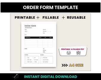 Order Form Template, A4 Fillable Order Form, Printable Order Form Template, A4 Business Fillable PDF Order Form, Purchase Form, Sales Order