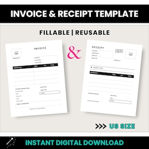 Invoice & Receipt Template, Fillable PDF Invoice, Business Invoice, US Receipt Template, Fillable PDF Receipt, Invoice Form, Sales Receipt