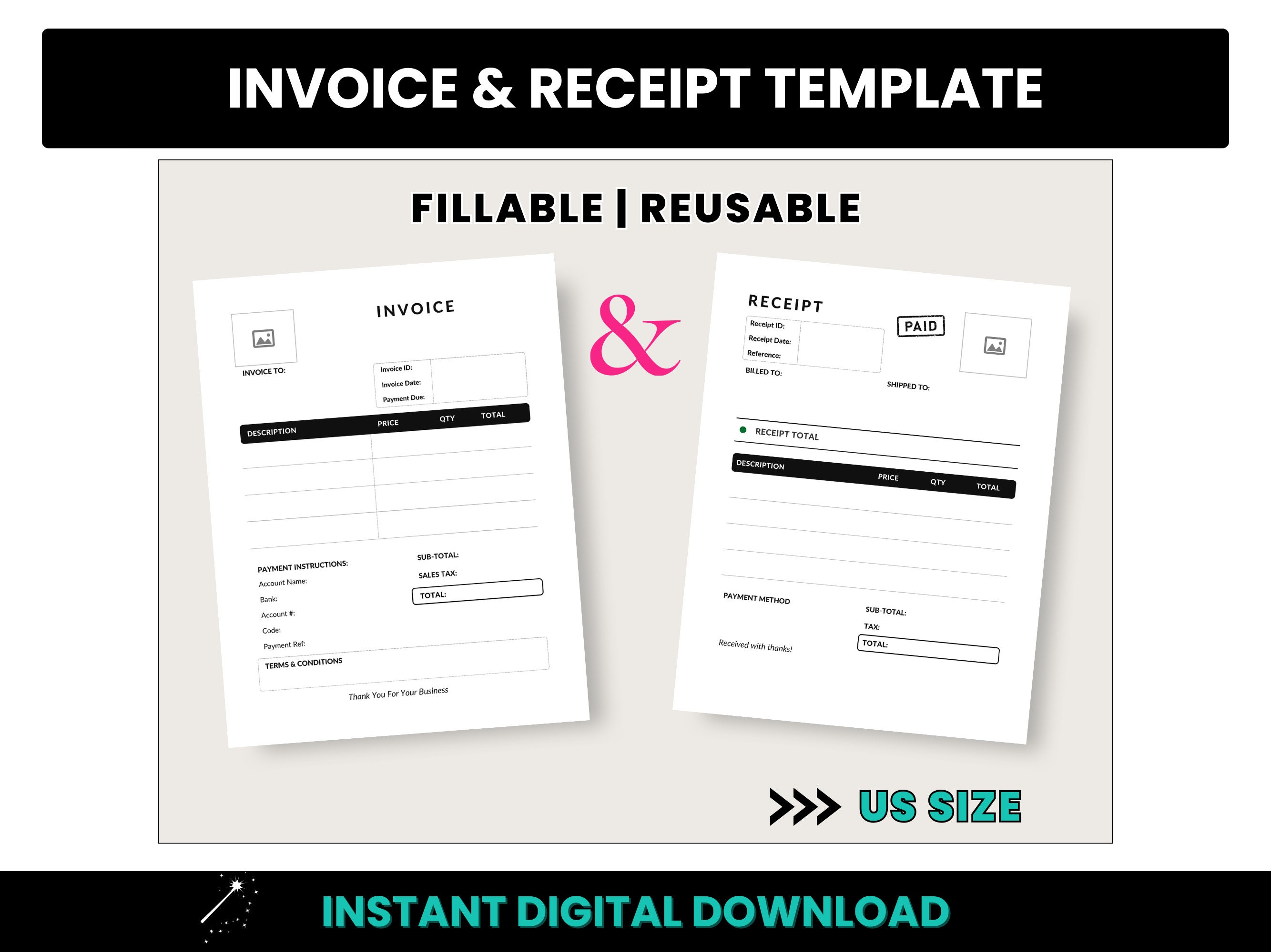 Invoice & Receipt Template, Fillable PDF Invoice, Business Invoice, US Receipt Template, Fillable PDF Receipt, Invoice Form, Sales Receipt