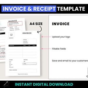 Invoice & Receipt Template, Small Business Invoice Template, Professional Fillable PDF Invoice, A4 Size Customer Receipt, A4 Service Invoice image 2
