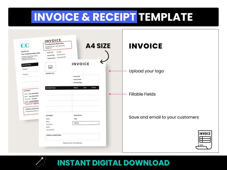 Invoice & Receipt Template, Small Business Invoice Template, Professional Fillable PDF Invoice, A4 Size Customer Receipt, A4 Service Invoice image 2