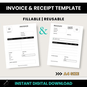 Invoice & Receipt Template, Small Business Invoice Template, Professional Fillable PDF Invoice, A4 Size Customer Receipt, A4 Service Invoice image 1