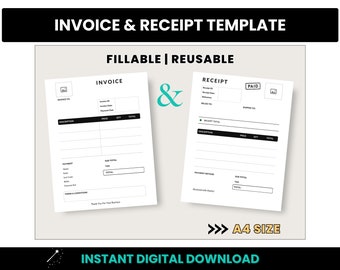Invoice & Receipt Template, Fillable PDF Invoice, Business Invoice, A4 Receipt Template, Fillable PDF Receipt, Invoice Form, Sales Receipt