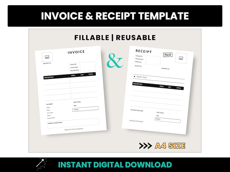 Invoice & Receipt Template, Small Business Invoice Template, Professional Fillable PDF Invoice, A4 Size Customer Receipt, A4 Service Invoice image 1