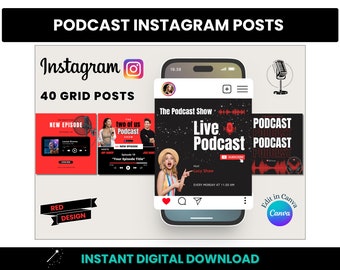Podcast Instagram Posts | 40 Podcast Canva Instagram Templates | Editable Canva Podcast Instagram Grid Posts | Red Design Instagram Posts