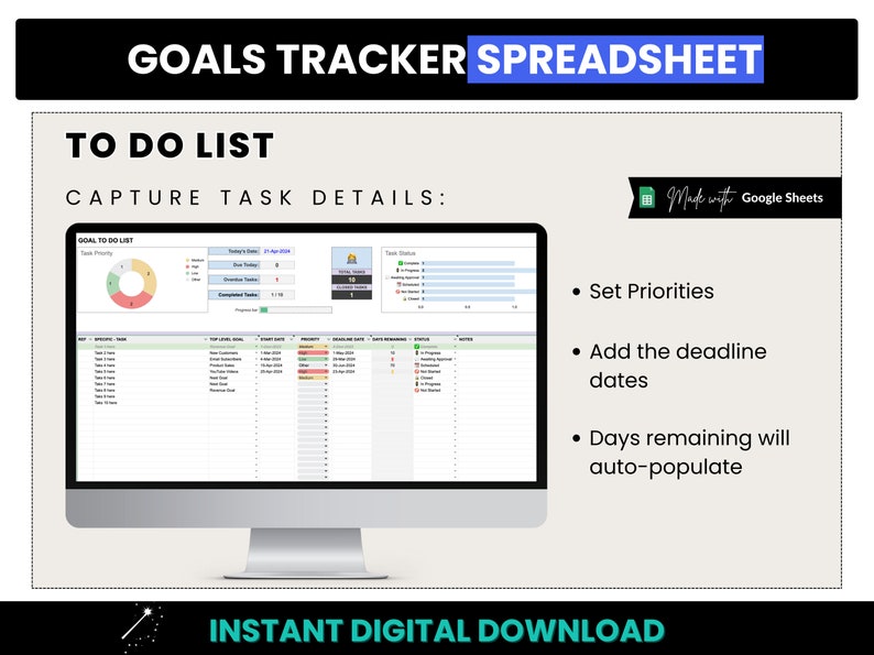 Goals Tracker Spreadsheet, Yearly Business Goals, Google Sheets Goals Task List, Goal Tracking, SMART Business Goals, Monthly Goal Tracking image 3