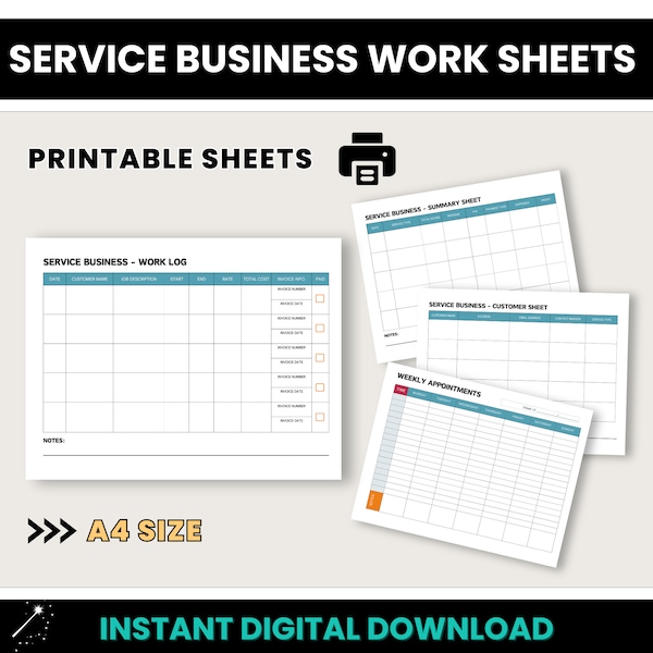 Service Business Work Sheets, A4 Size Work Schedule Template, Self Employed Record Keeping Documents, Printable Job Sheet, Appointment Sheet