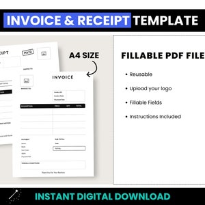 Invoice & Receipt Template, Small Business Invoice Template, Professional Fillable PDF Invoice, A4 Size Customer Receipt, A4 Service Invoice image 4