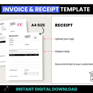 Invoice & Receipt Template, Small Business Invoice Template, Professional Fillable PDF Invoice, A4 Size Customer Receipt, A4 Service Invoice image 3