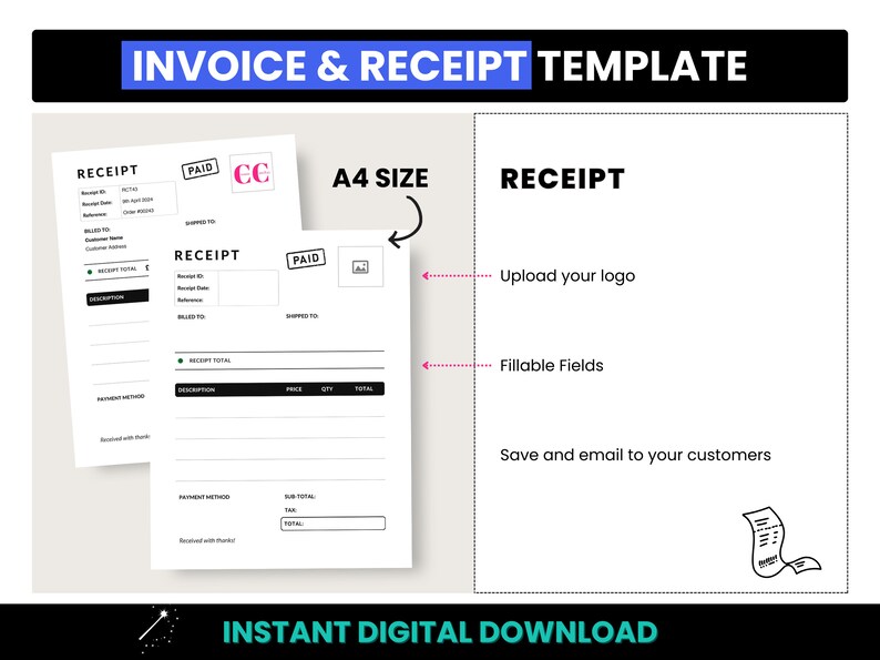 Invoice & Receipt Template, Small Business Invoice Template, Professional Fillable PDF Invoice, A4 Size Customer Receipt, A4 Service Invoice image 3