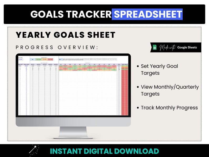 Goals Tracker Spreadsheet, Yearly Business Goals, Google Sheets Goals Task List, Goal Tracking, SMART Business Goals, Monthly Goal Tracking image 2