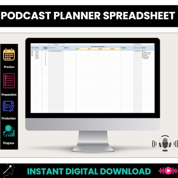 Podcast Planner Spreadsheet, Podcast Episode Tracker Google Sheets, Podcast Episode Management Spreadsheet, Podcast Organisation Spreadsheet