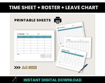 Time Sheet, Weekly Roster, Printable Leave Chart, Employee Schedules, A4 Size Business Documents, Small Business Printable Staff Templates
