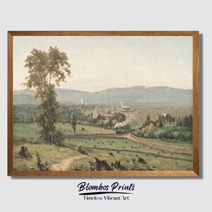 May include: A vintage painting depicting a rural landscape with a train in the distance. The scene features a large tree in the foreground, a winding path, and rolling hills in the background. The painting is done in a muted palette of greens, browns, and blues.