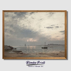 Fishermen rowing in the Evening Bay Painting | Distant Sail Ships on the Horizon Wall Printable | Faraway Mountain Vintage Art Print | SC120