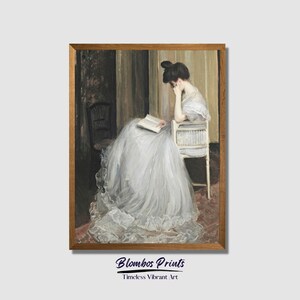 Elegant Woman reading a Book Antique Painting | Lady wearing a white Dress Vintage Art Print | Black Chair near Wall Digital Download | P111