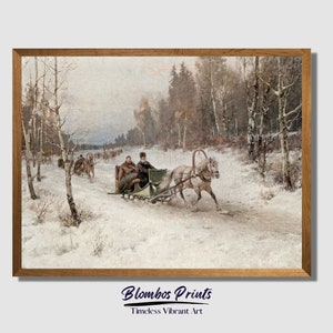 Horse Carriage Sleigh Ride in Winter Painting | Winter with Horsemen and People Vintage Art Print | Forest Landscape Digital Download | W165