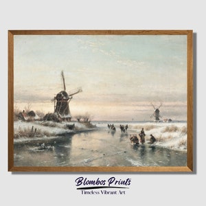 Frozen Canal Landscape in Winter Painting | Beautiful Sunset Scenery Vintage Art Print | People gather on the Canal Digital Download | W156