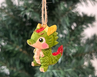 Hand Carved Wooden Dragon Christmas Ornament, Painted Figurine