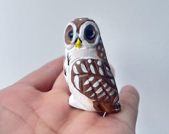 Hand-Carved Wooden Owl Figurine, Painted Desk Decor