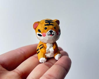 Hand Carved Wooden Tiger Figurine, Desk Decor