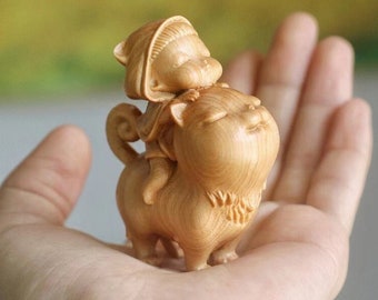 Gato de madera tallado a mano con niña, escultura de madera, regalos de Navidad, adornos de gato, regalo para ella, figura de gato, decoración de escritorio, regalo para amantes de los gatos