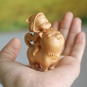 Hand Carving Wooden Cat With girl,Wooden Sculpture,Christmas Gifts,Cat Ornaments,Gift For Her,Cat Figurine,Desk Decor,Cat Lover Gift
