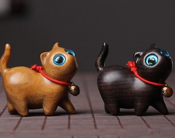 Figurine de chat en bois de santal faite main, sculpture en bois, décoration de bureau