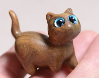 Hand Carved Sandalwood Cat Figurine, Whimsical Desk Decor