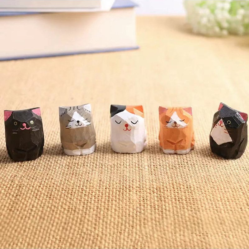 Figurine De Chat En Bois Sculptée à La Main - Cadeau Idéal - Décoration De La Maison - Chat Blanc Et Orange