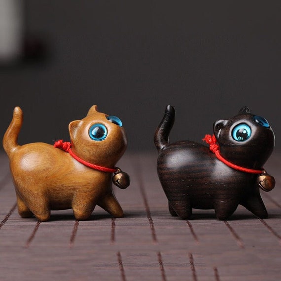 Handmade Sandalwood Cat Figurine, Wooden Sculpture, Desk Decor